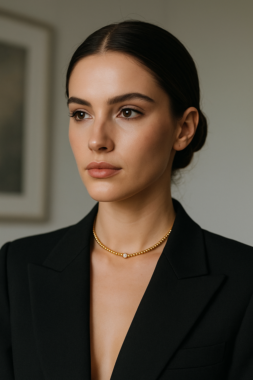 Golden Bead Choker with Solitaire Zircon - Valourás