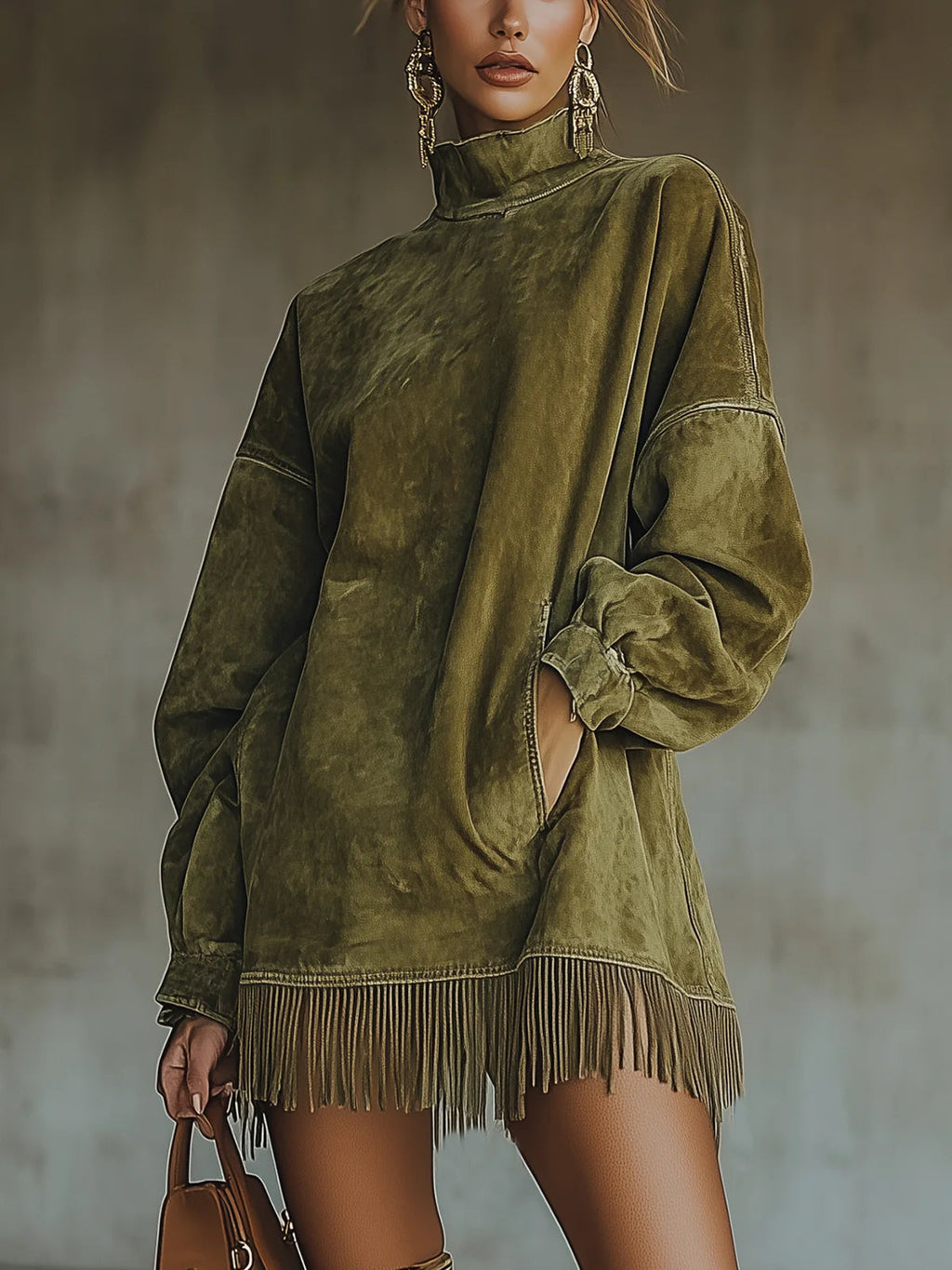 Darcie Suede Fringe Turtleneck Dress