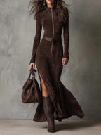 Julina - Chic Long Suede-Effect Dress
